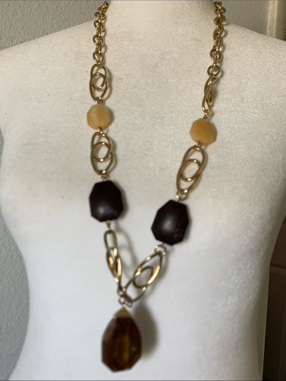 NWOT Long Gold Chain Necklace with Brown and Beige Beads